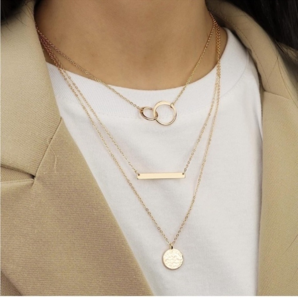 14k Gold Plated 3pc Bar & Linked Chain Disc Necklace Set